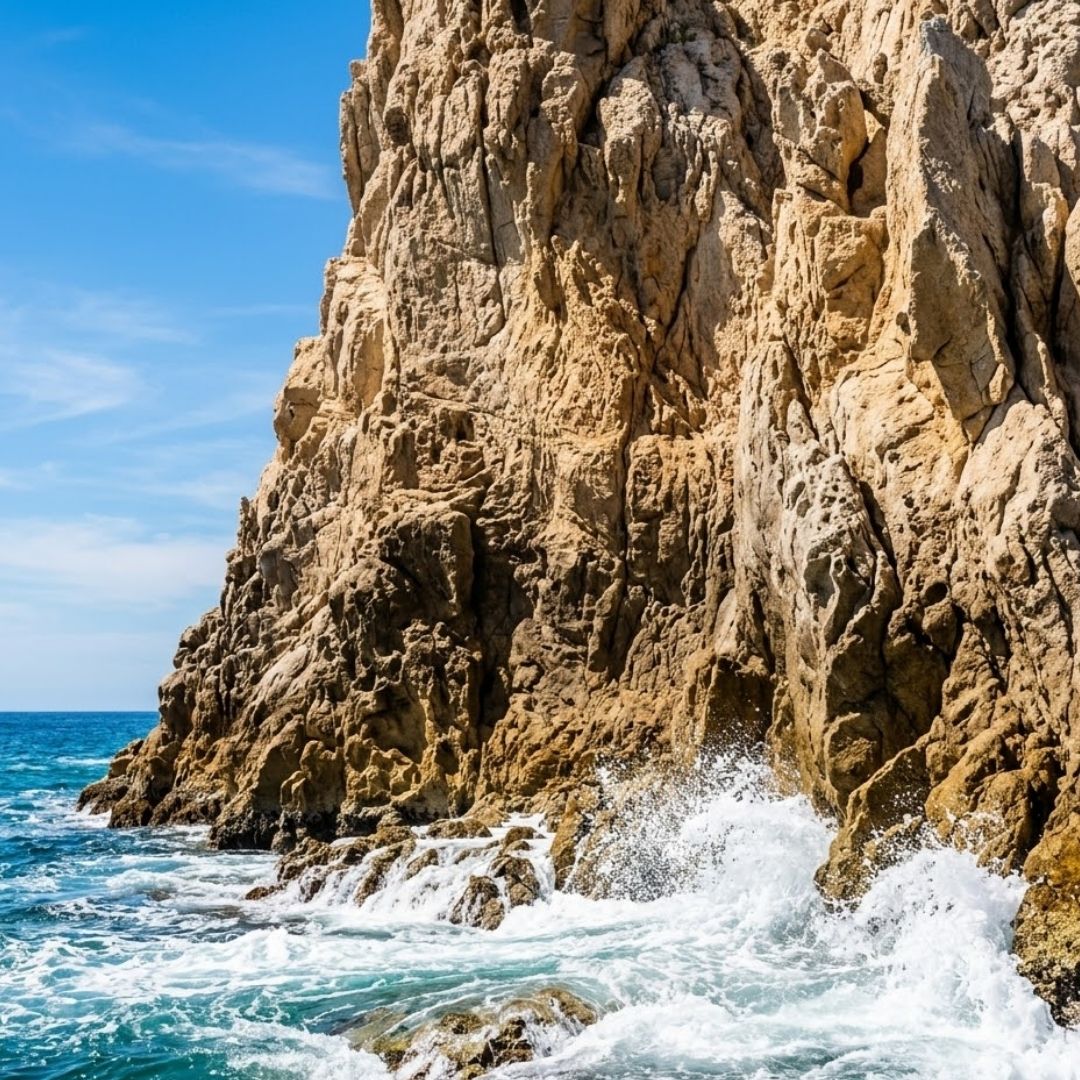 Close-up view of the rugged limestone cliffs and golden rock formations at Land's End in Cabo.