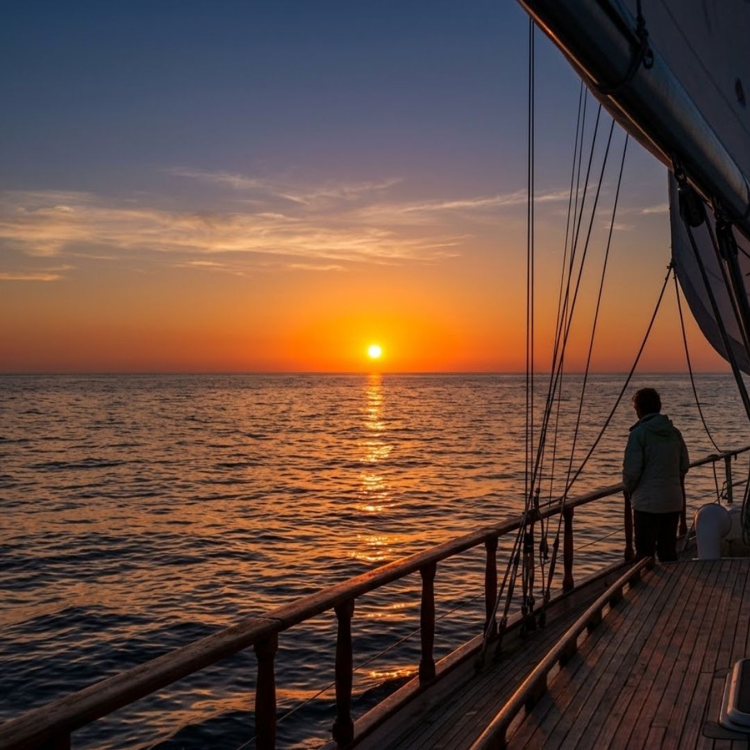 The orange sun dipping below the ocean horizon, creating a shimmering golden path on the water.