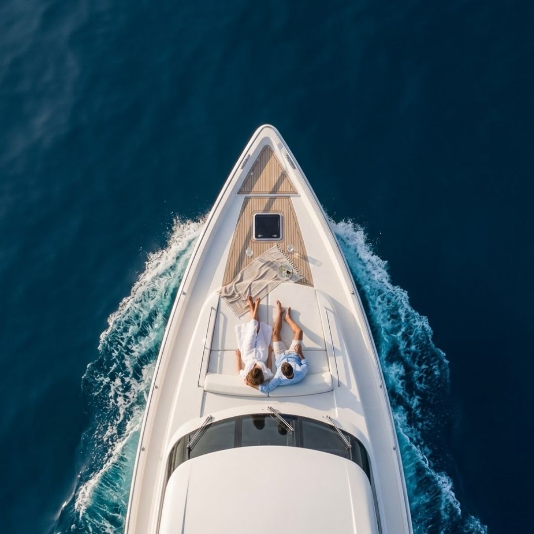 The front of a boat cruising through calm, deep blue water, representing a peaceful escape at sea.