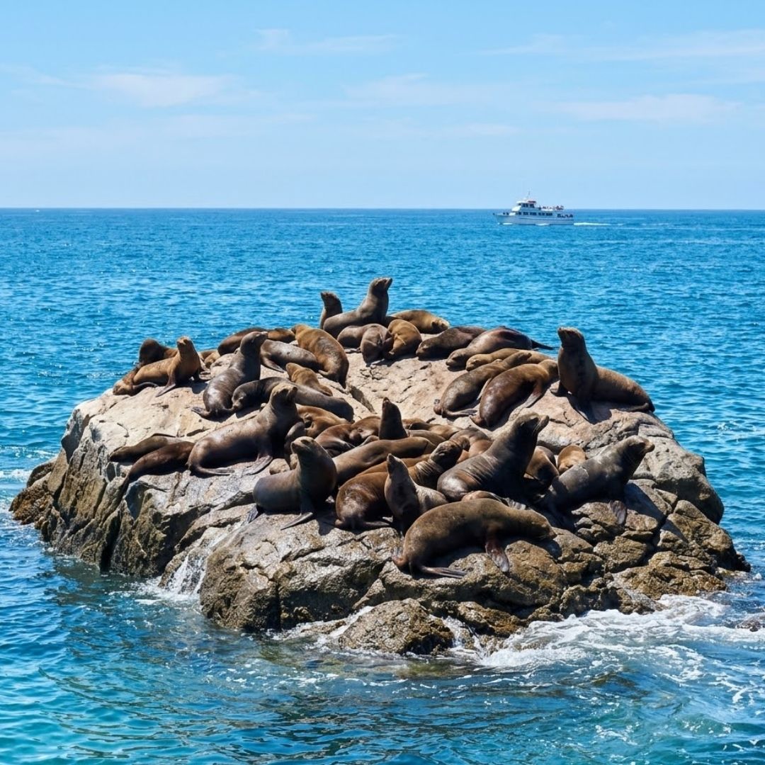 A colony of sea lions sunbathing on a rock in the Sea of Cortez near Cabo San Lucas.